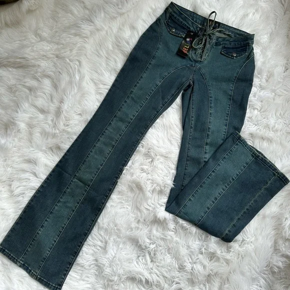 ⛅️[ Dolls Kill ] X Delia’s Hillside Sweetheart Flare Denim Jeans Lace-Up Waist - Picture 16 of 17